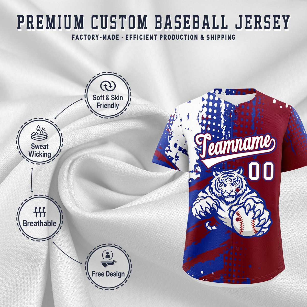 Custom Royal Blue White Red Full-Snap Graffiti Pattern Tiger Graffiti Jersey Baseball Jersey| KXKSHOP