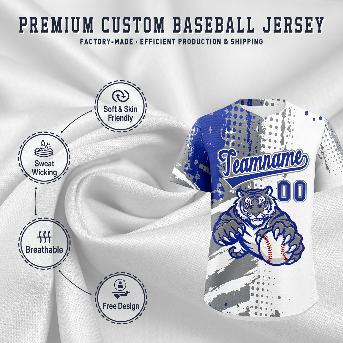 Custom Royal Blue White Red Full-Snap Graffiti Pattern Tiger Graffiti Jersey Baseball Jersey| KXKSHOP