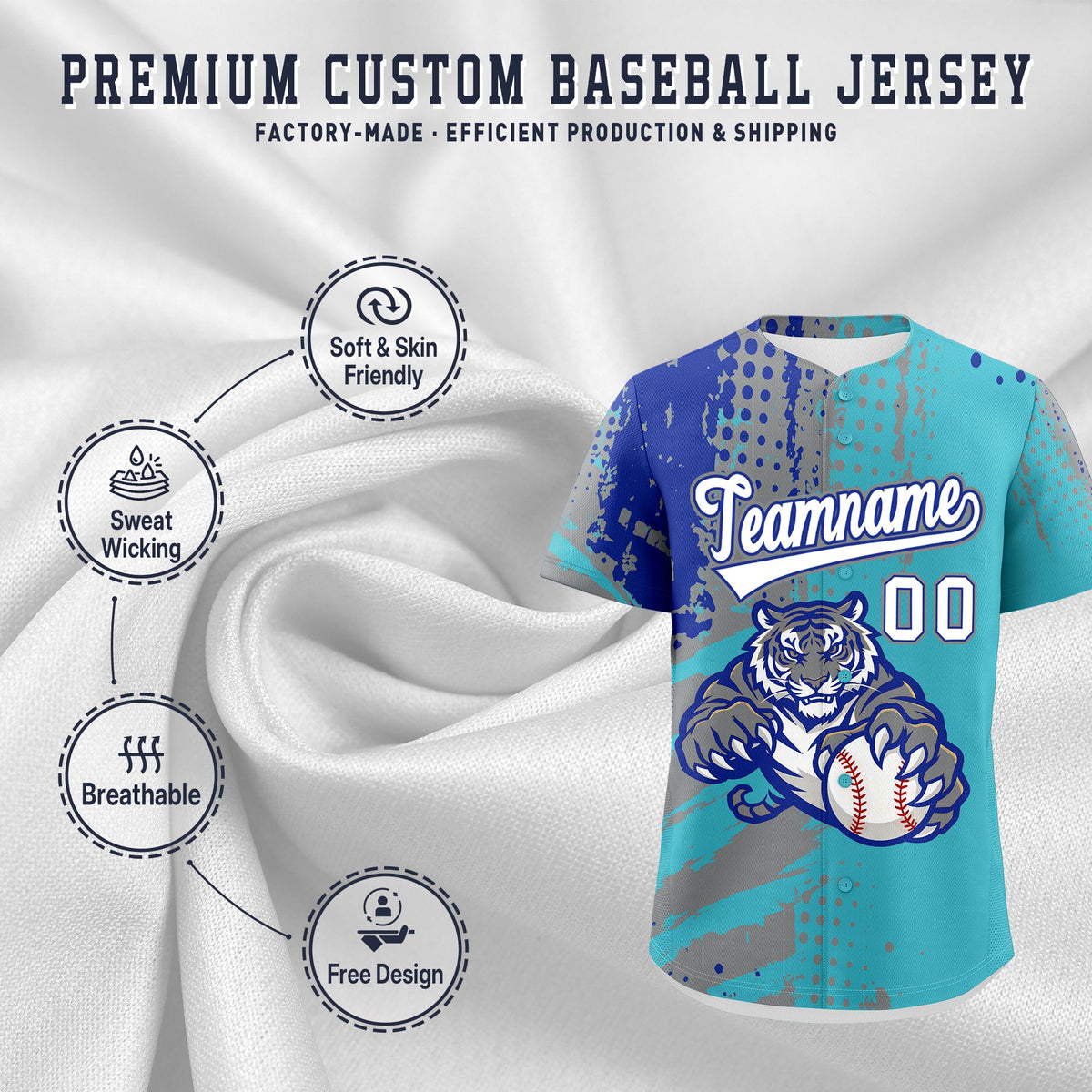 Custom Royal Blue White Red Full-Snap Graffiti Pattern Tiger Graffiti Jersey Baseball Jersey| KXKSHOP