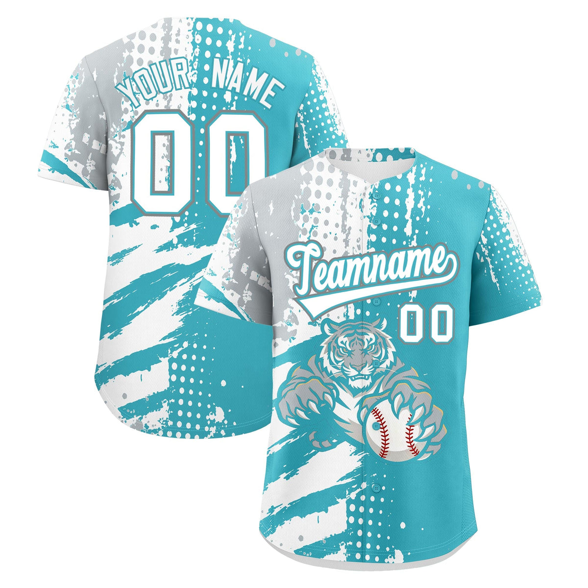Custom Sky Blue Silver White Baseball Jersey Full-Snap Graffiti Pattern Tiger Graffiti Jersey