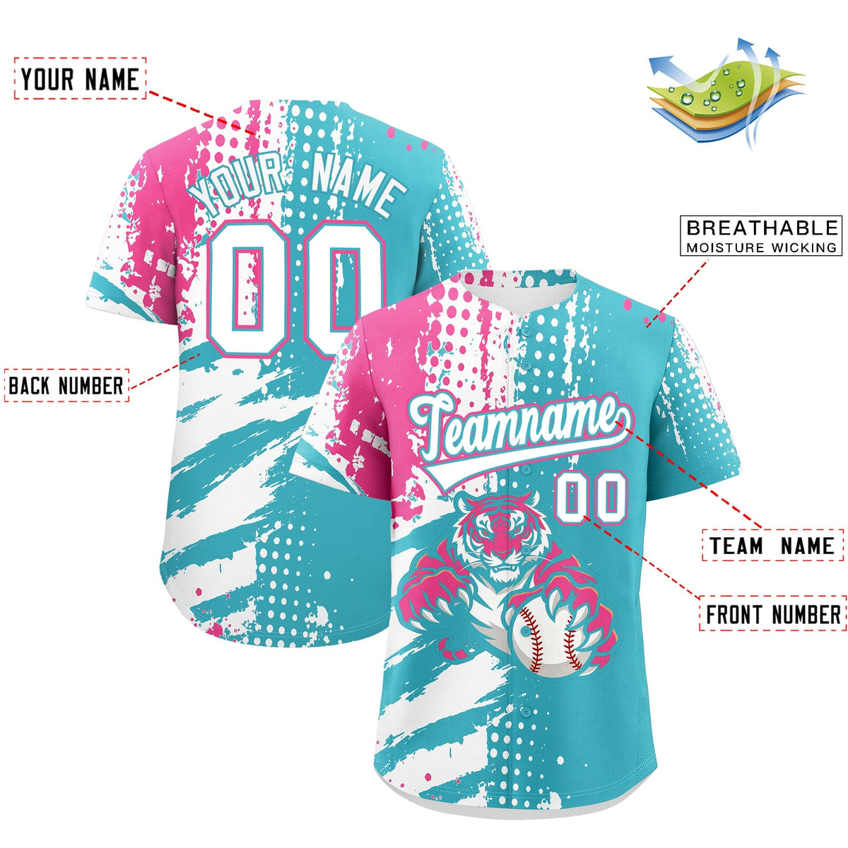 Custom Sky Blue White Pink Full-Snap Graffiti Pattern Tiger Graffiti Jersey Baseball Jersey| KXKSHOP
