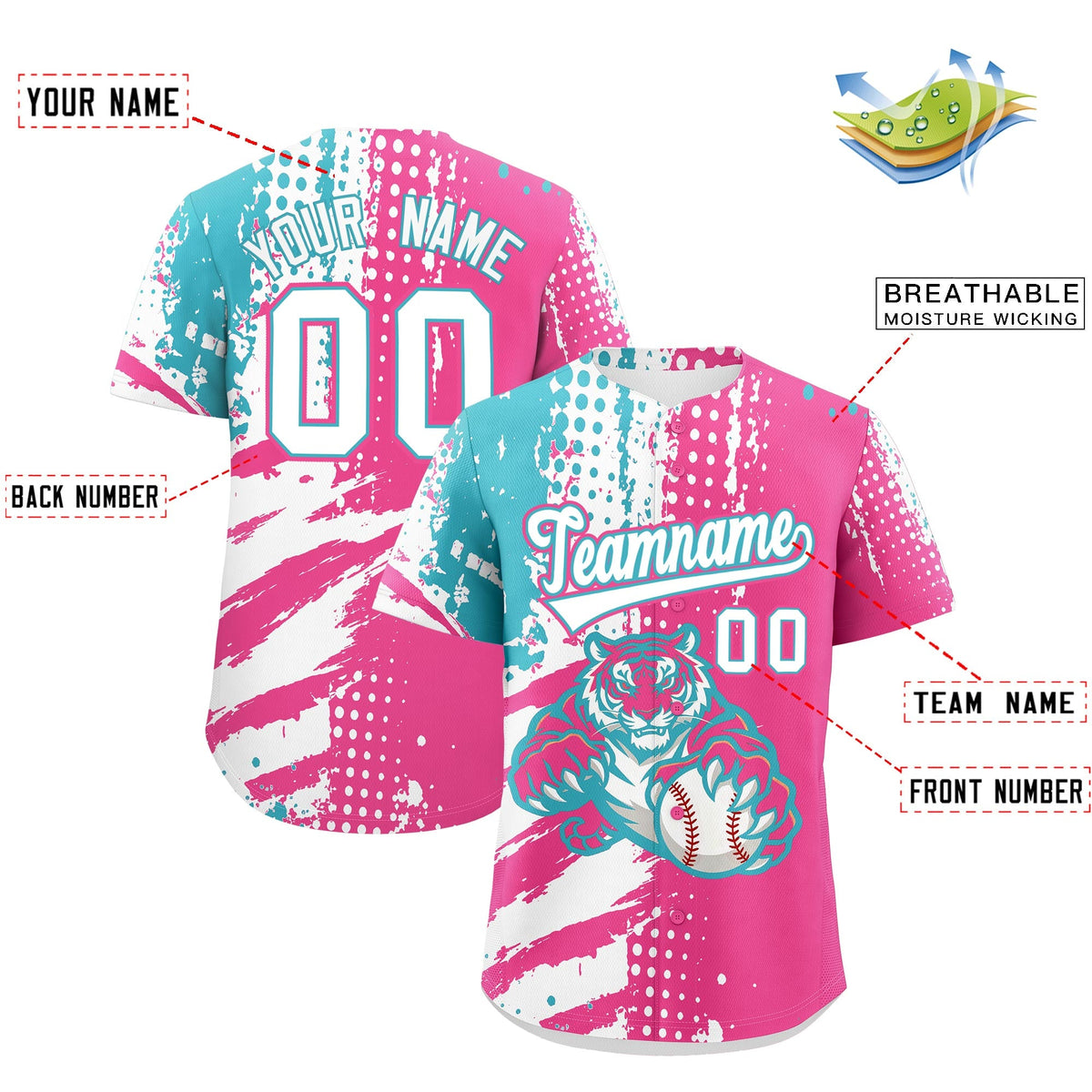Custom Pink White Sky Blue Full-Snap Graffiti Pattern Tiger Graffiti Jersey Baseball Jersey| KXKSHOP