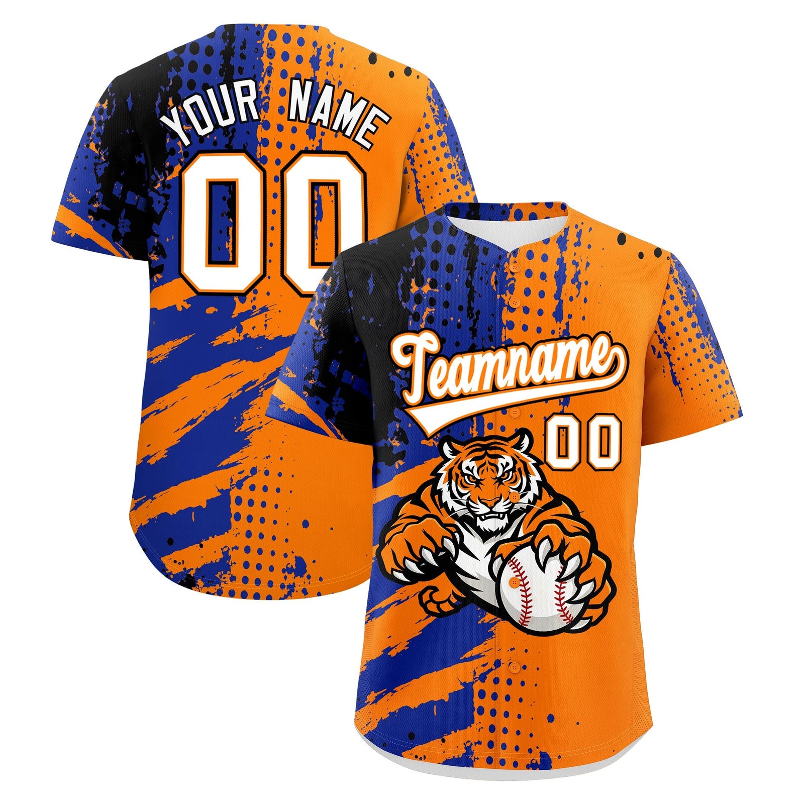 Custom Orange Royal Blue Black Baseball Jersey Full-Snap Graffiti Pattern Tiger Graffiti Jersey