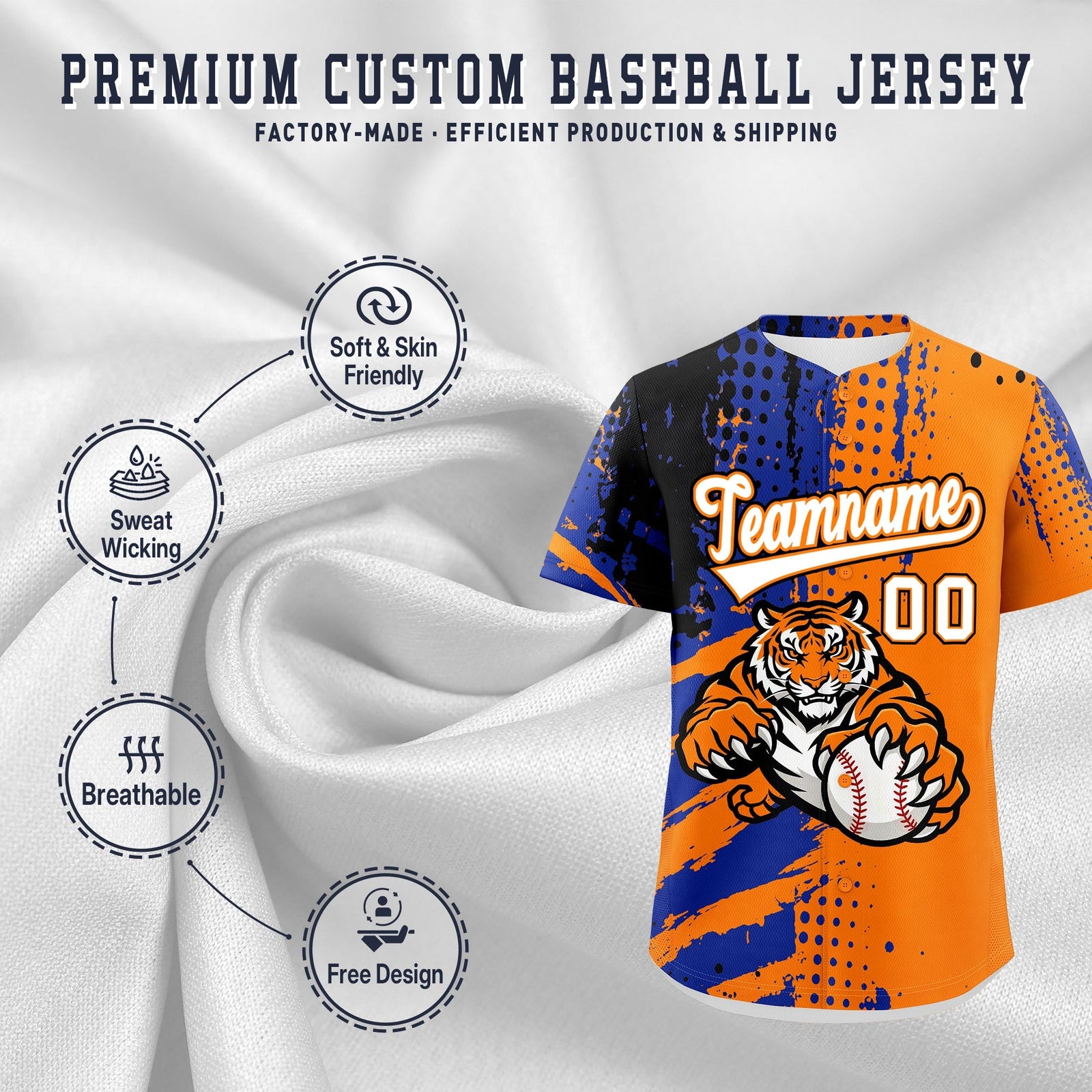 Custom Royal Blue White Red Full-Snap Graffiti Pattern Tiger Graffiti Jersey Baseball Jersey| KXKSHOP