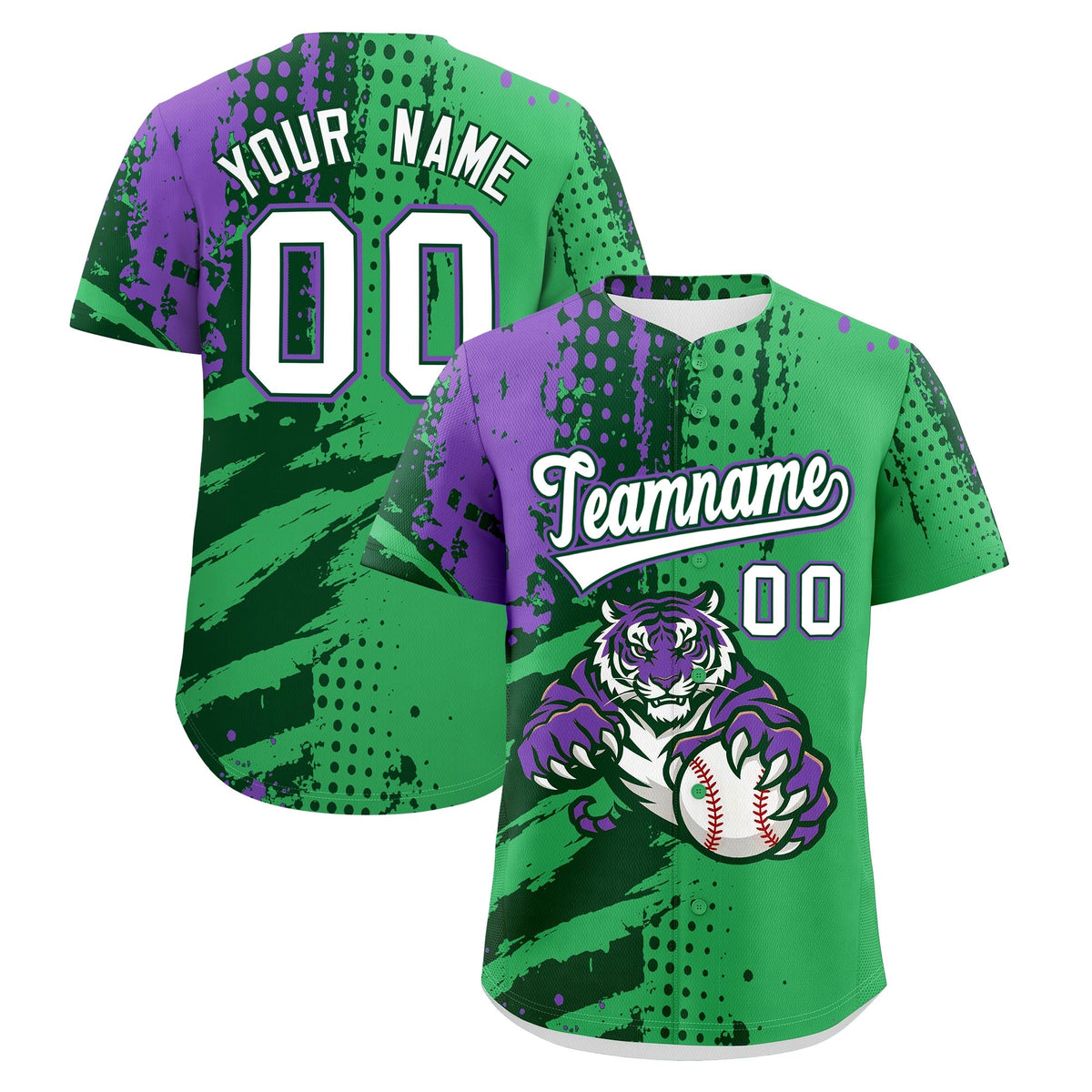 Custom Neon Green Dark Green White Baseball Jersey Full-Snap Graffiti Pattern Tiger Graffiti Jersey