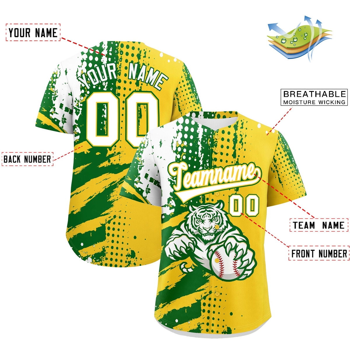 Custom Gold Kelly Green White Full-Snap Graffiti Pattern Tiger Graffiti Jersey Baseball Jersey| KXKSHOP