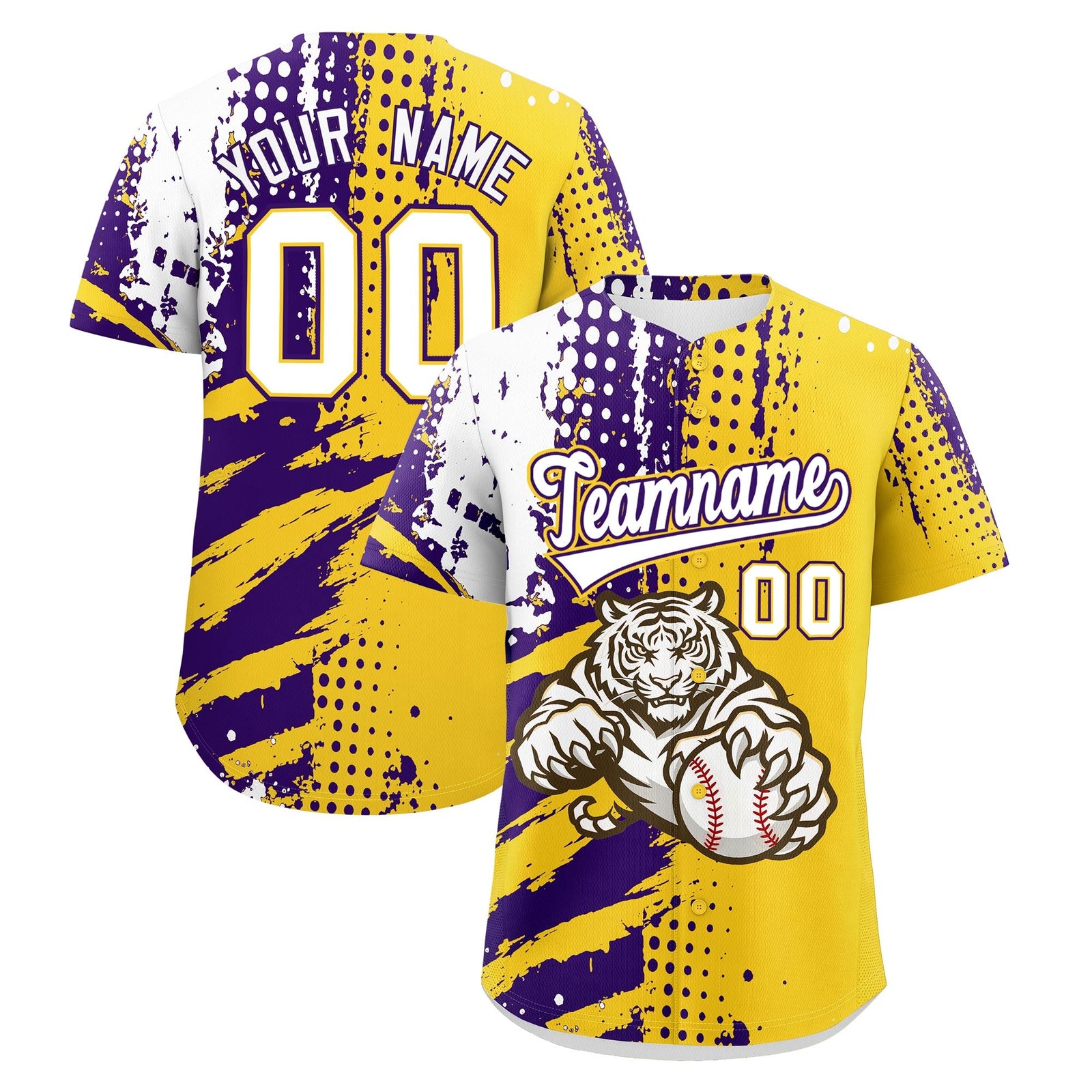 Custom Gold Purple White Baseball Jersey Full-Snap Graffiti Pattern Tiger Graffiti Jersey