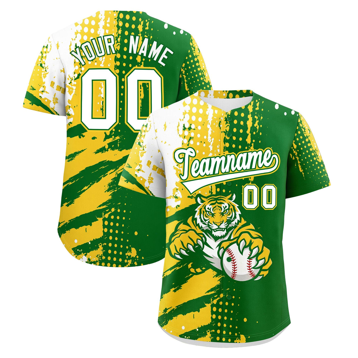 Custom Kelly Green Gold White Baseball Jersey Full-Snap Graffiti Pattern Tiger Graffiti Jersey