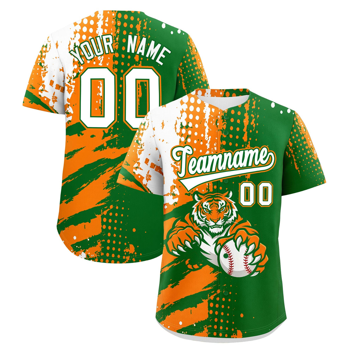 Custom Kelly Green Orange White Baseball Jersey Full-Snap Graffiti Pattern Tiger Graffiti Jersey