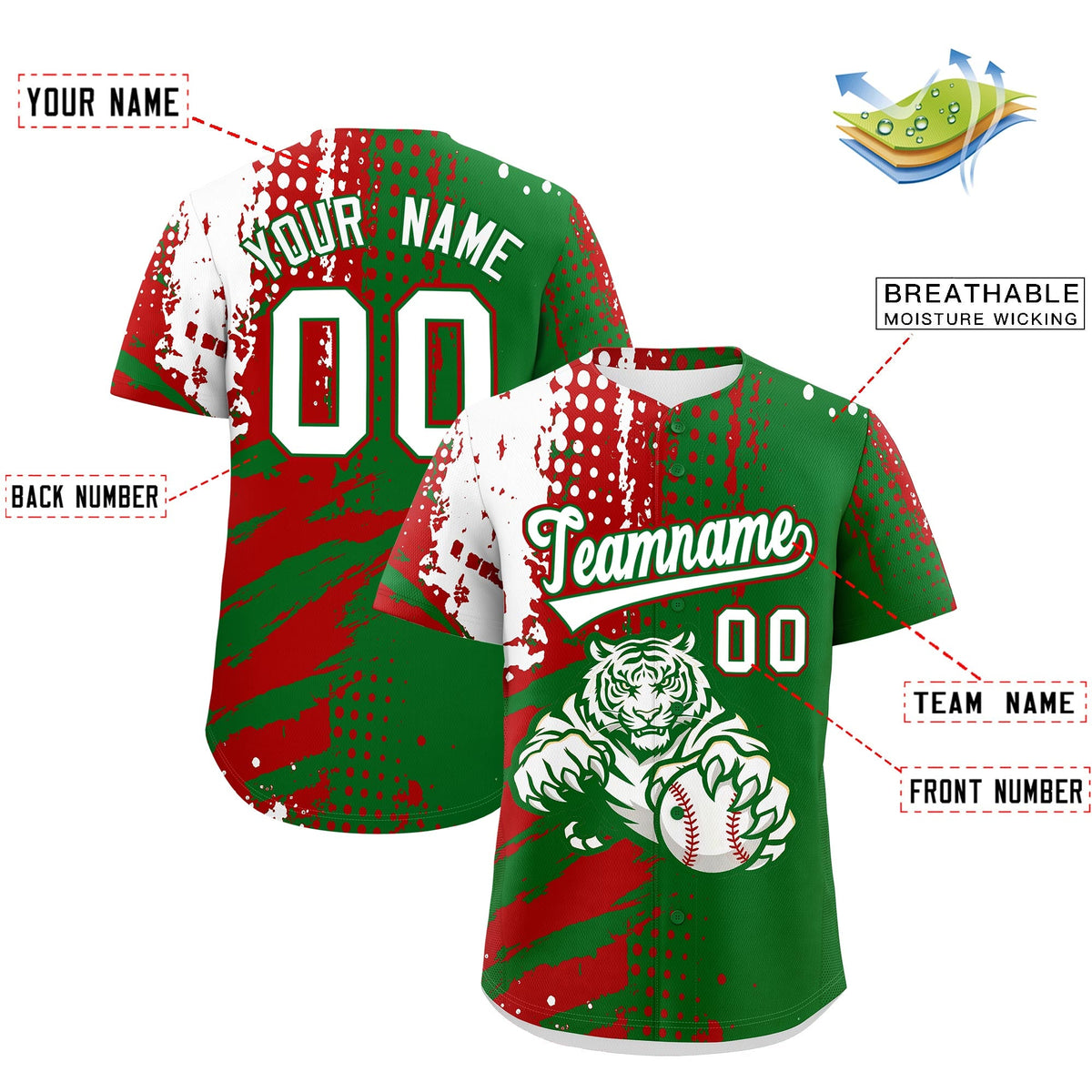 Custom Kelly Green Red White Full-Snap Graffiti Pattern Tiger Graffiti Jersey Baseball Jersey| KXKSHOP