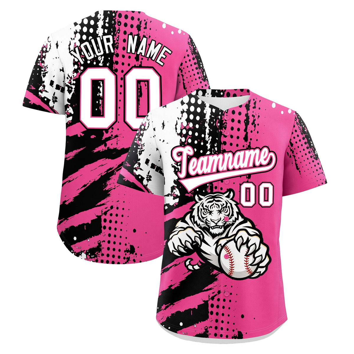 Custom Pink Black White Baseball Jersey Full-Snap Graffiti Pattern Tiger Graffiti Jersey
