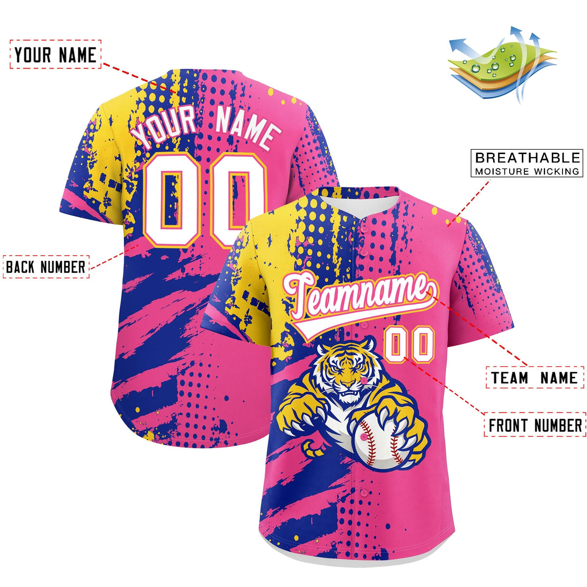 Custom Pink Royal Blue Gold Full-Snap Graffiti Pattern Tiger Graffiti Jersey Baseball Jersey| KXKSHOP