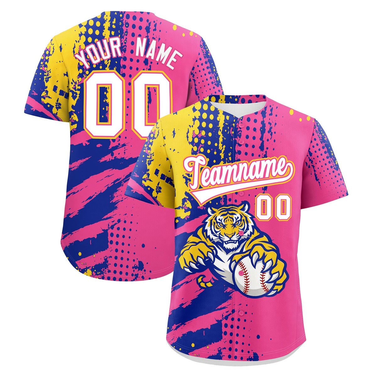 Custom Pink Royal Blue Gold Baseball Jersey Full-Snap Graffiti Pattern Tiger Graffiti Jersey