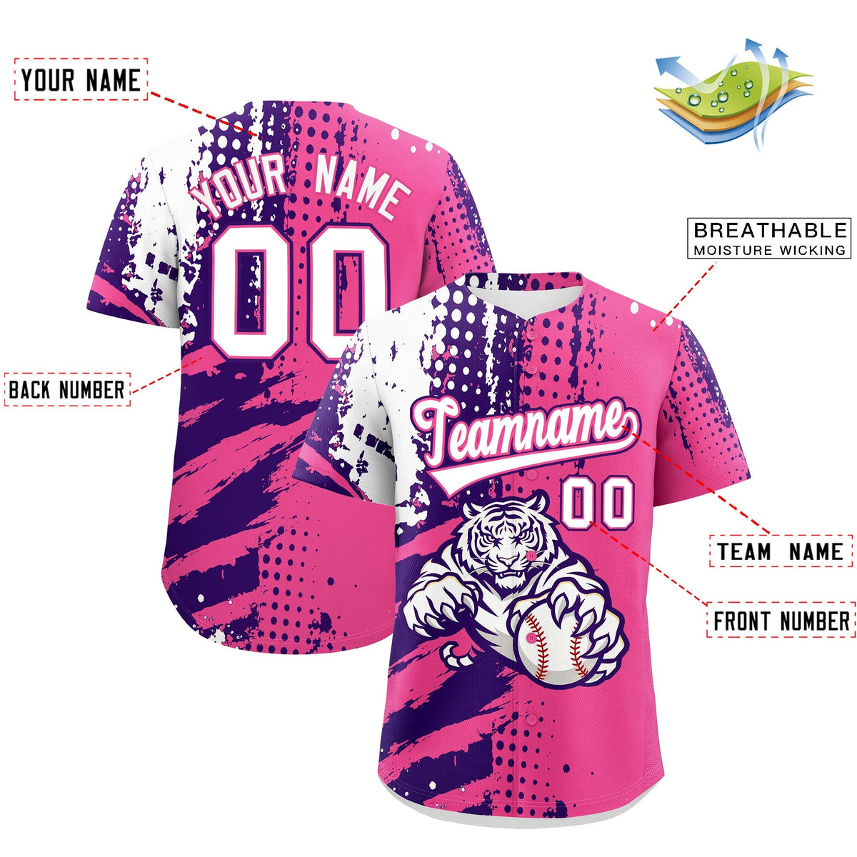 Custom Pink Purple White Full-Snap Graffiti Pattern Tiger Graffiti Jersey Baseball Jersey| KXKSHOP
