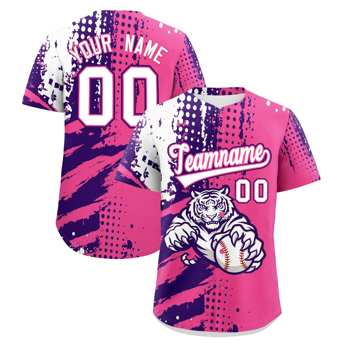 Custom Pink Purple White Baseball Jersey Full-Snap Graffiti Pattern Tiger Graffiti Jersey