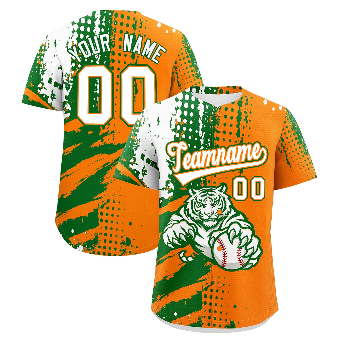Custom Orange Kelly Green White Baseball Jersey Full-Snap Graffiti Pattern Tiger Graffiti Jersey