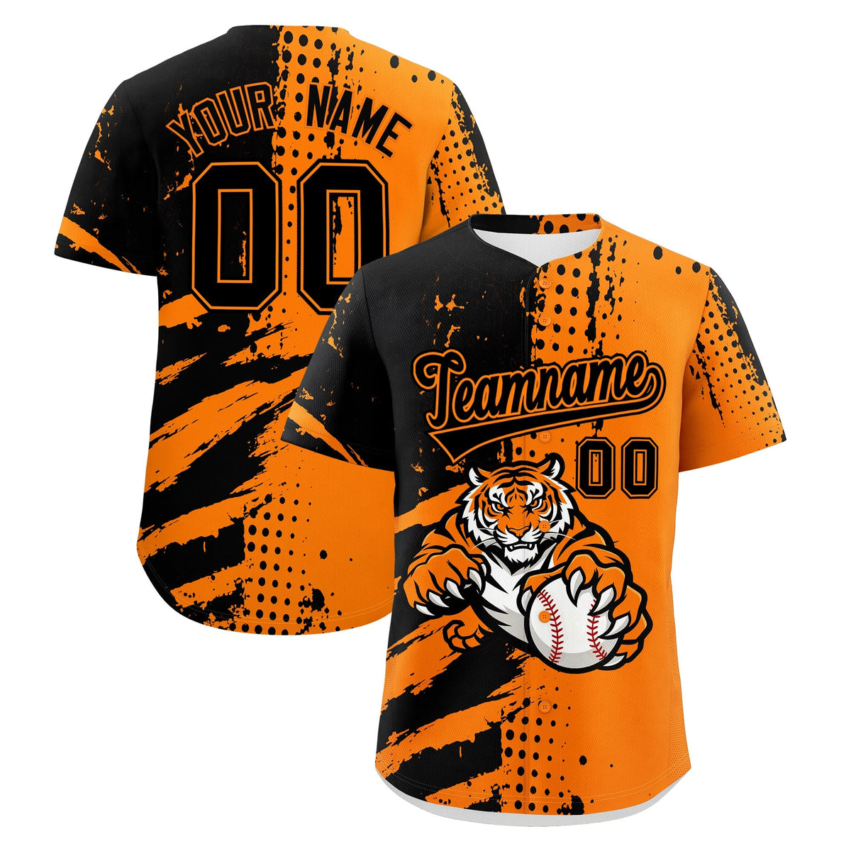 Custom Orange Black Baseball Jersey Full-Snap Graffiti Pattern Tiger Graffiti Jersey