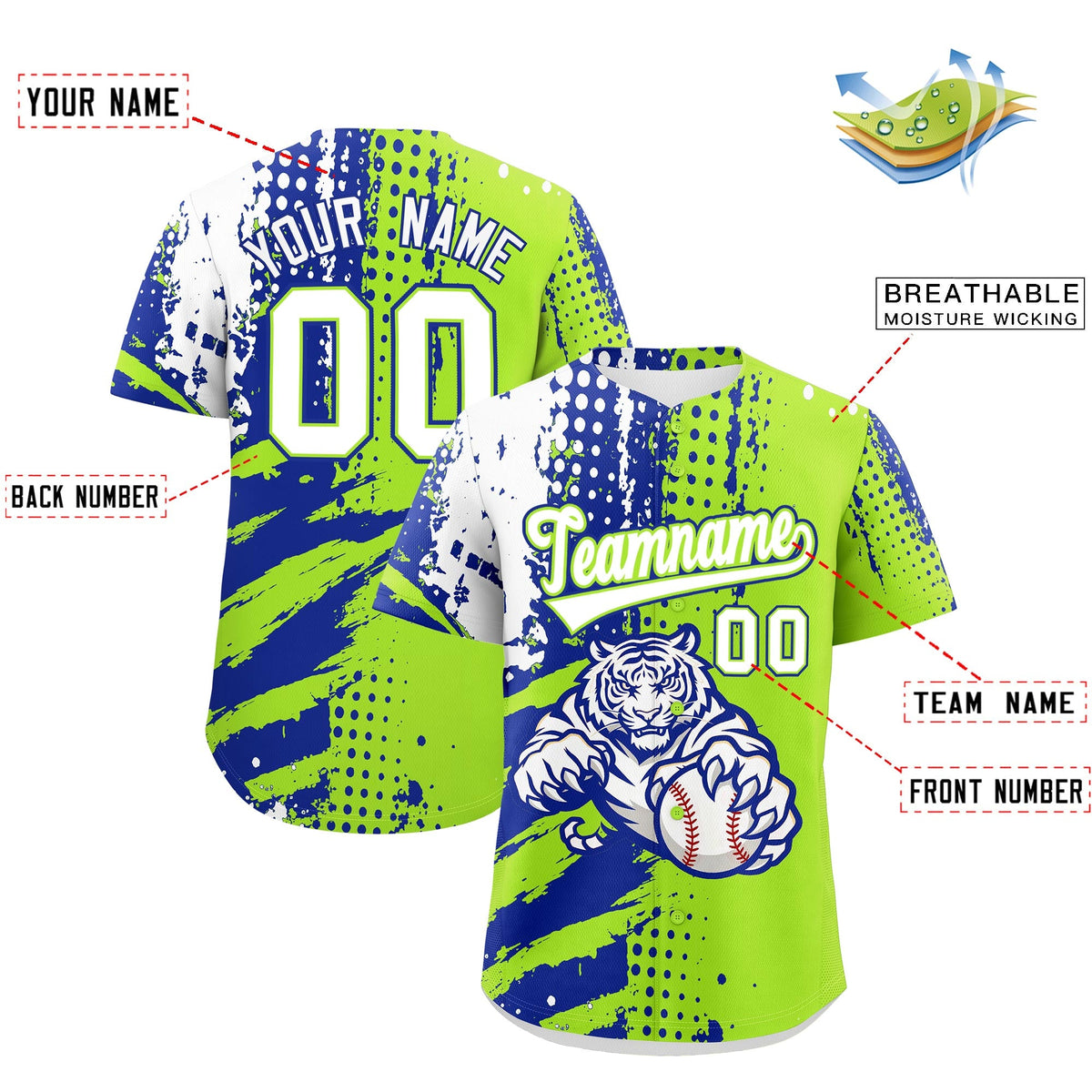 Custom Royal Blue Neon Green White Full-Snap Graffiti Pattern Tiger Graffiti Jersey Baseball Jersey| KXKSHOP