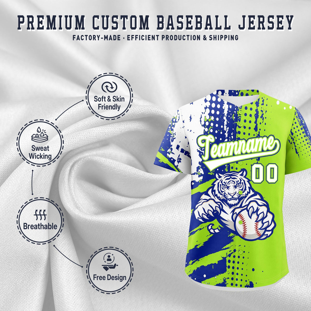 Custom Royal Blue White Red Full-Snap Graffiti Pattern Tiger Graffiti Jersey Baseball Jersey| KXKSHOP