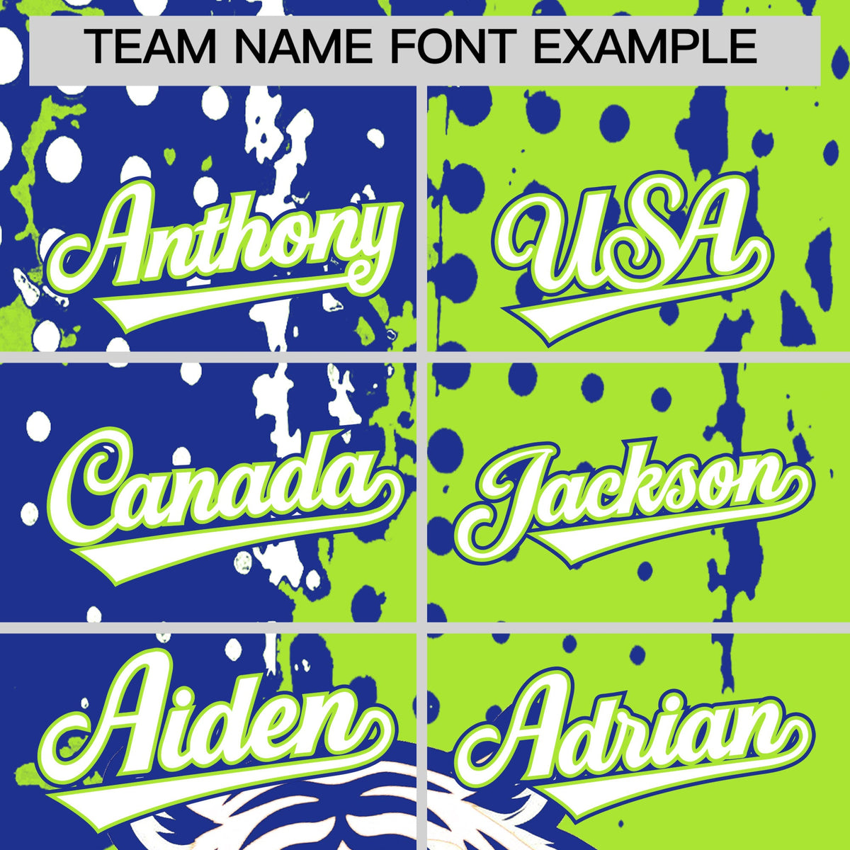 Custom Royal Blue Neon Green White Full-Snap Graffiti Pattern Tiger Graffiti Jersey Baseball Jersey| KXKSHOP