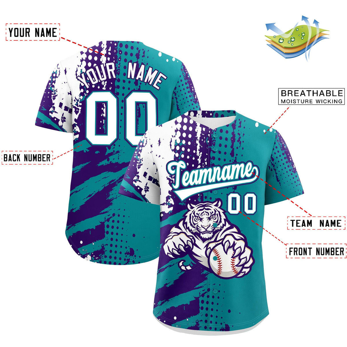 Custom Teal Purple White Full-Snap Graffiti Pattern Tiger Graffiti Jersey Baseball Jersey| KXKSHOP