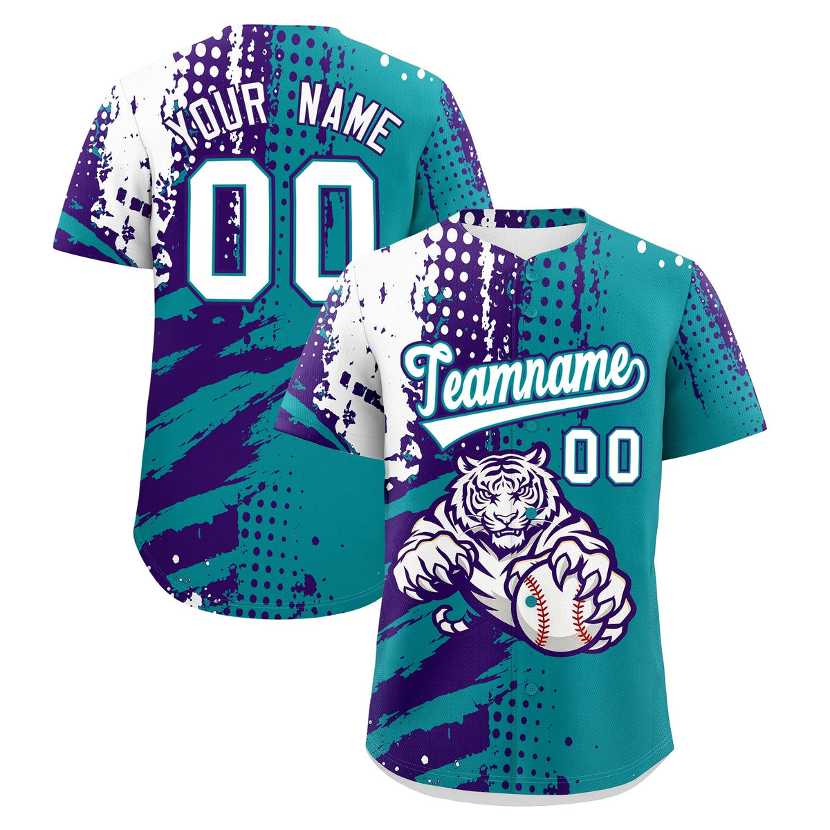 Custom Teal Purple White Baseball Jersey Full-Snap Graffiti Pattern Tiger Graffiti Jersey