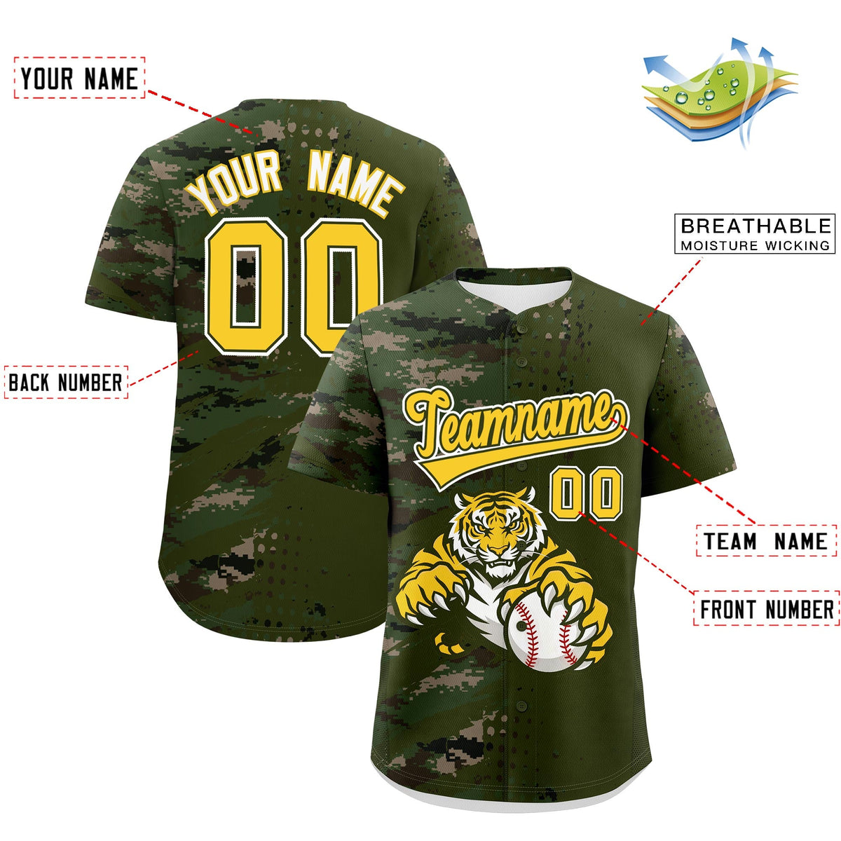 Custom Olive Camo Gold Full-Snap Graffiti Pattern Tiger Graffiti Jersey Baseball Jersey| KXKSHOP