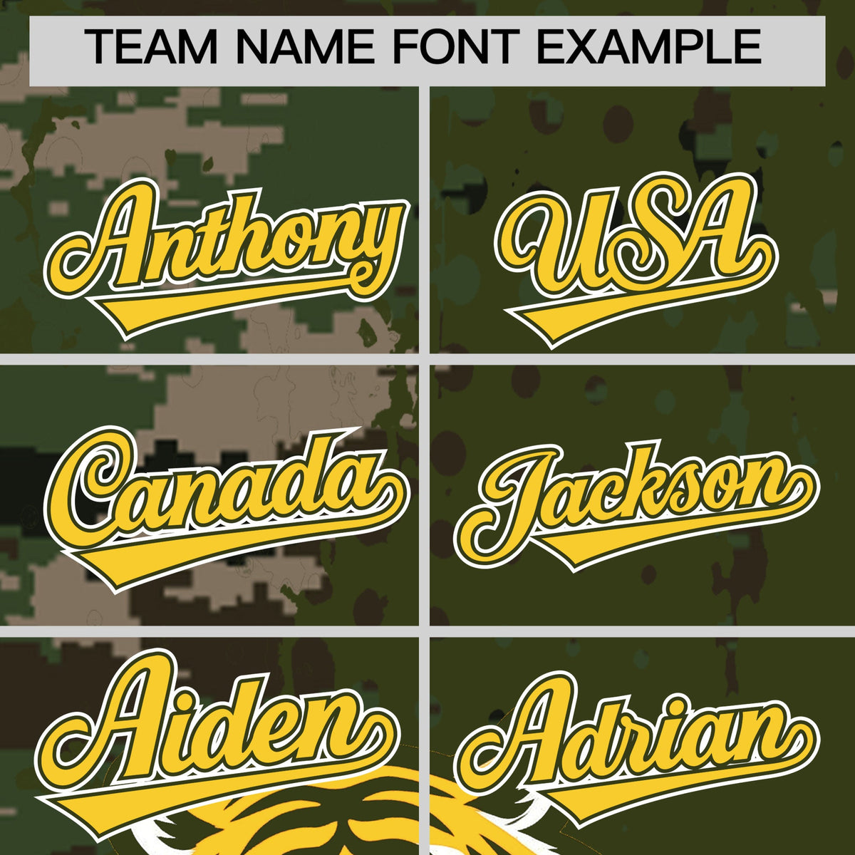 Custom Olive Camo Gold Full-Snap Graffiti Pattern Tiger Graffiti Jersey Baseball Jersey| KXKSHOP