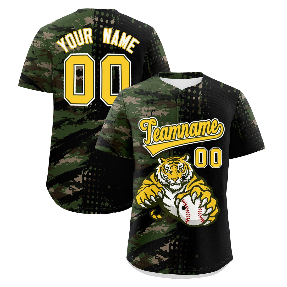 Custom Camo Black Gold Baseball Jersey Full-Snap Graffiti Pattern Tiger Graffiti Jersey