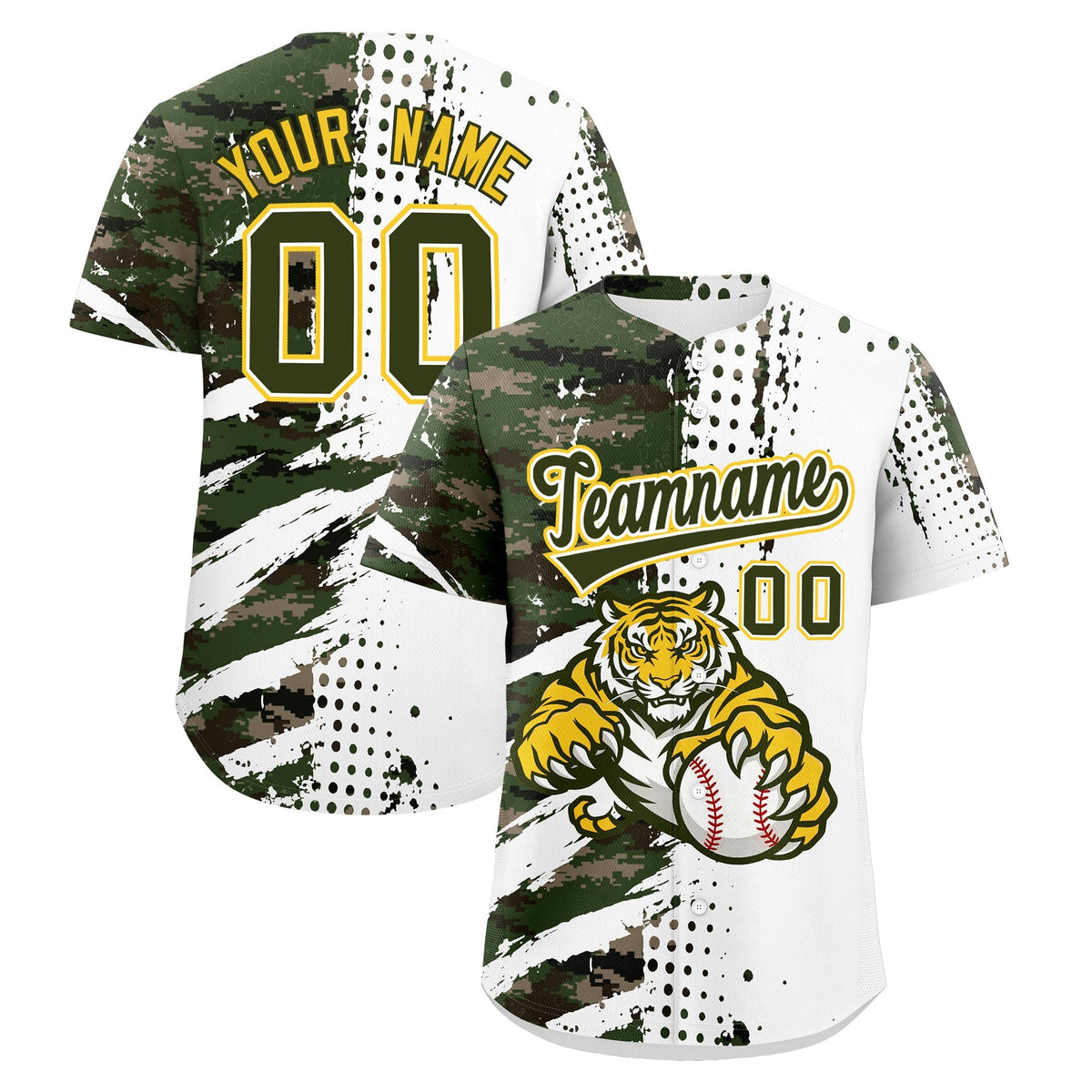 Custom White Camo Olive Baseball Jersey Full-Snap Graffiti Pattern Tiger Graffiti Jersey