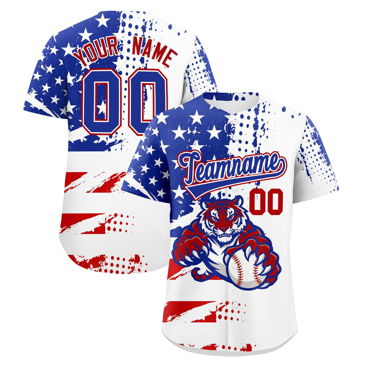 Custom Royal Blue White Red Baseball Jersey Full-Snap Graffiti Pattern Tiger Graffiti Jersey