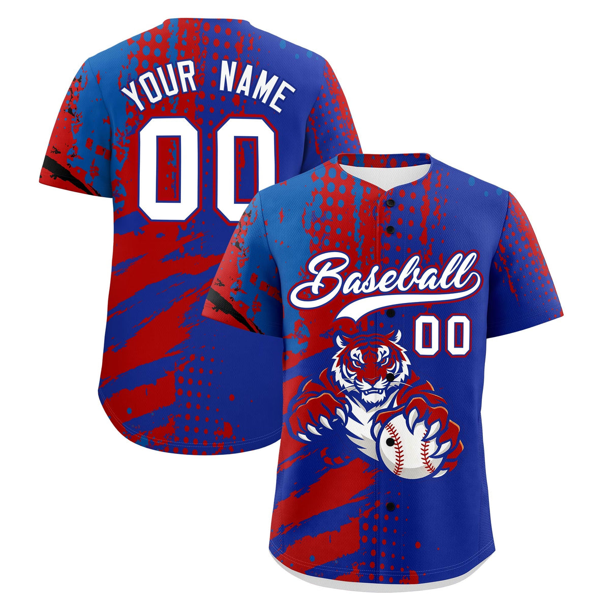 Custom Royal Blue Red Royal Baseball Jersey Full-Snap Graffiti Pattern Tiger Graffiti Jersey