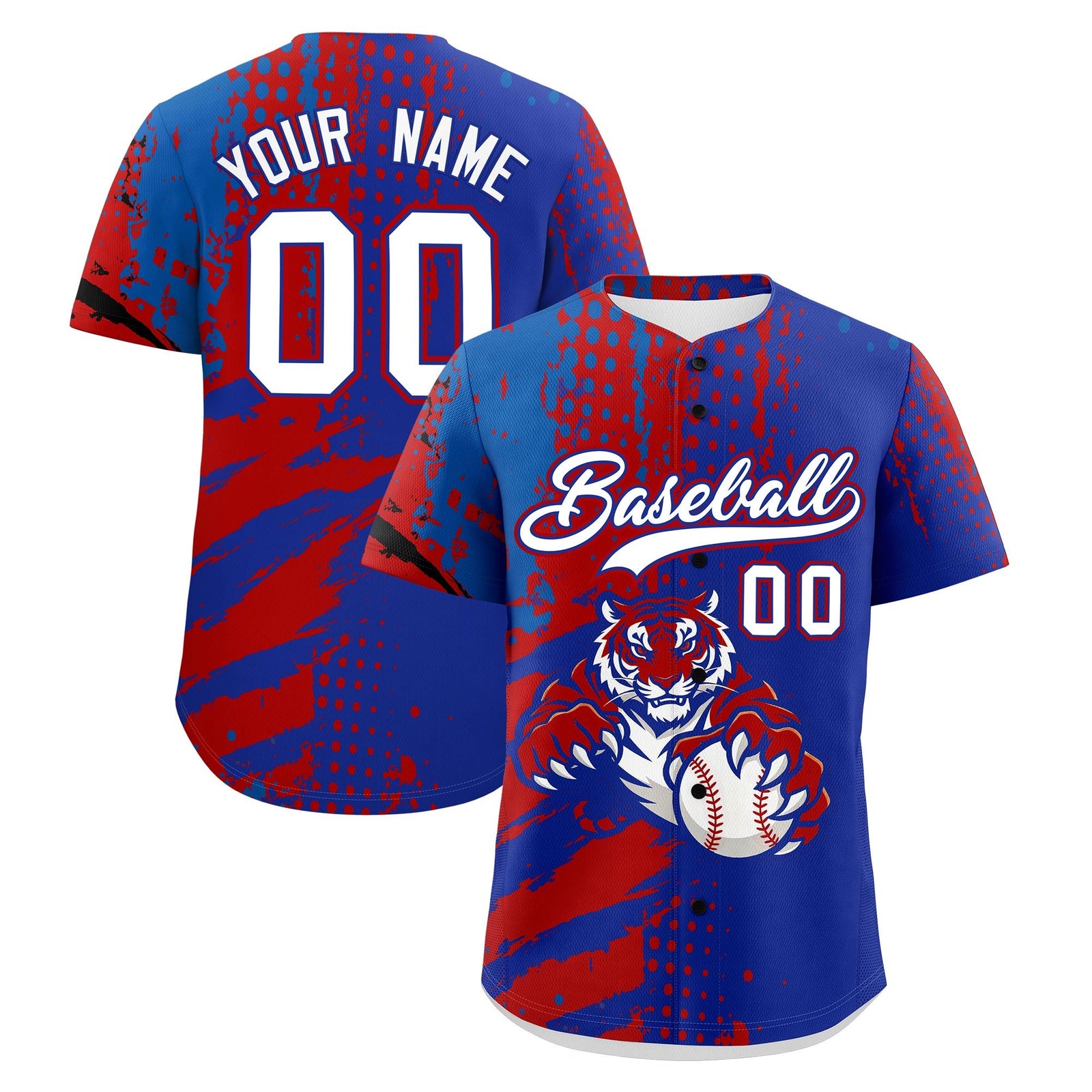 Custom Royal Blue Red Royal Baseball Jersey Full-Snap Graffiti Pattern Tiger Graffiti Jersey