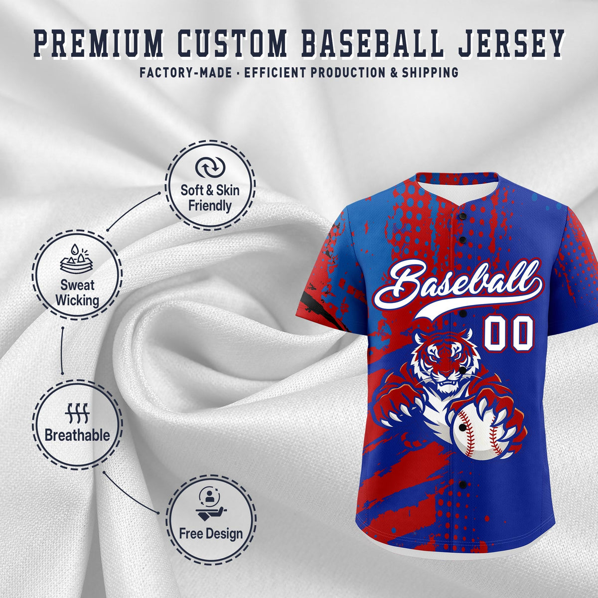 Custom Royal Blue Red Royal Full-Snap Graffiti Pattern Tiger Graffiti Jersey Baseball Jersey| KXKSHOP
