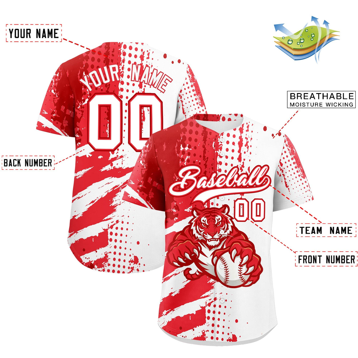 Custom Royal Blue White Red Full-Snap Graffiti Pattern Tiger Graffiti Jersey Baseball Jersey| KXKSHOP