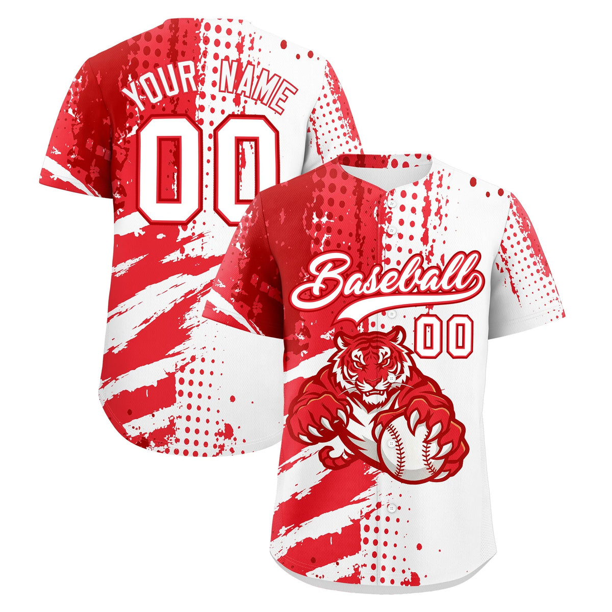 Custom White Red Light Red Baseball Jersey Full-Snap Graffiti Pattern Tiger Graffiti Jersey