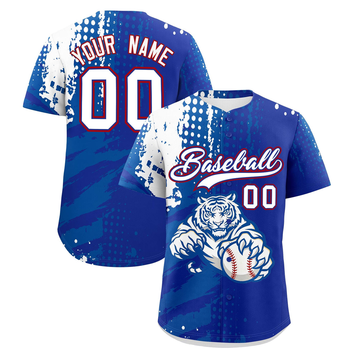 Custom Royal Blue White Royal Baseball Jersey Full-Snap Graffiti Pattern Tiger Graffiti Jersey