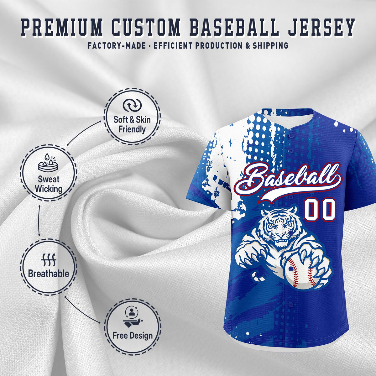 Custom Royal Blue White Royal Full-Snap Graffiti Pattern Tiger Graffiti Jersey Baseball Jersey| KXKSHOP