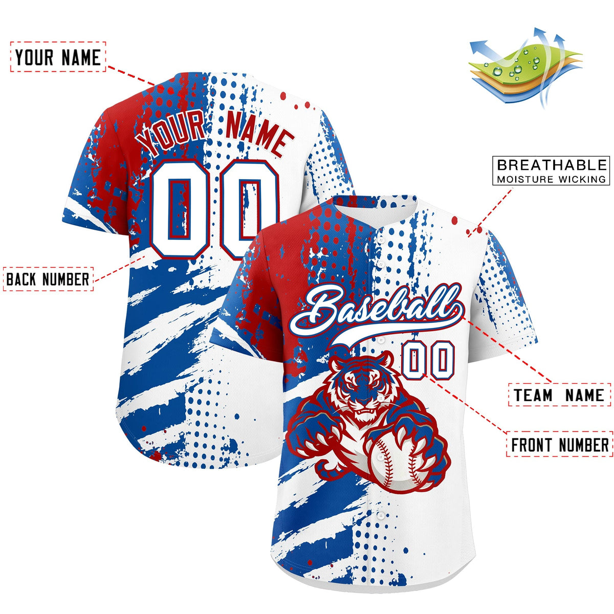 Custom Royal Blue White Red Full-Snap Graffiti Pattern Tiger Graffiti Jersey Baseball Jersey| KXKSHOP