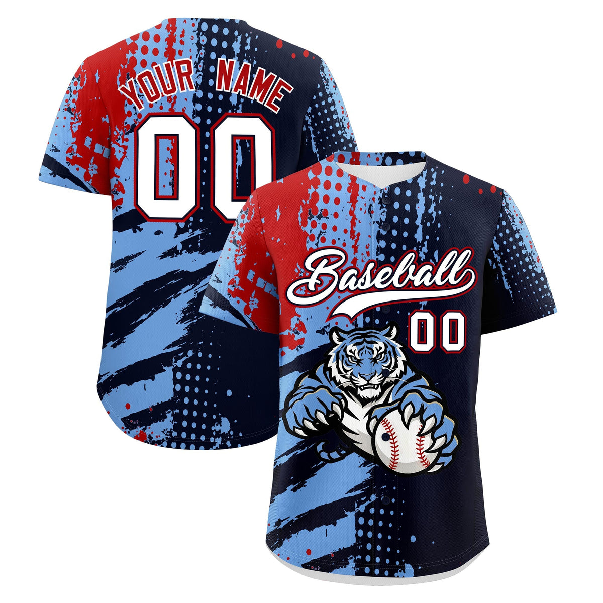 Custom Navy Light Blue Red Baseball Jersey Full-Snap Graffiti Pattern Tiger Graffiti Jersey