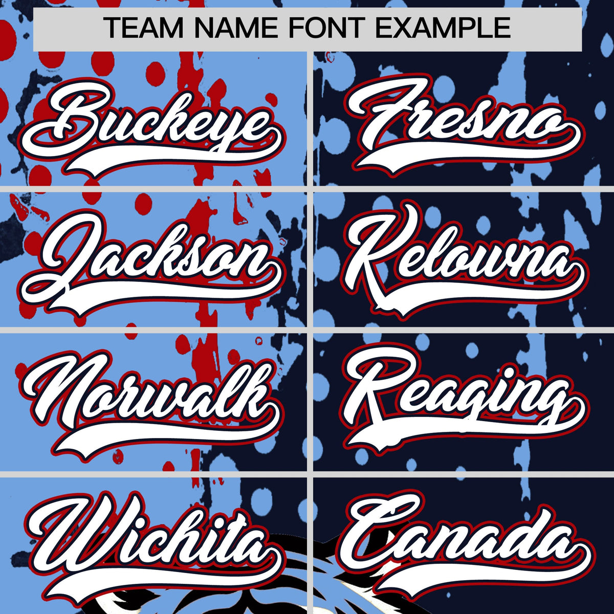 Custom Navy Light Blue Red Full-Snap Graffiti Pattern Tiger Graffiti Jersey Baseball Jersey| KXKSHOP