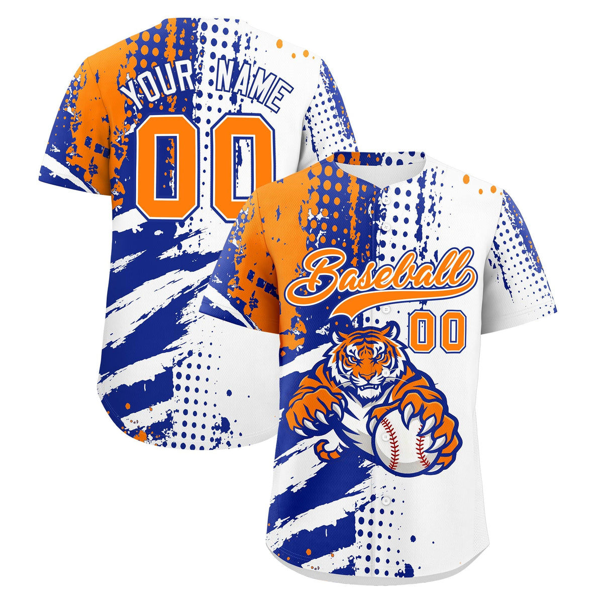 Custom White Royal Blue Orange Baseball Jersey Full-Snap Graffiti Pattern Tiger Graffiti Jersey