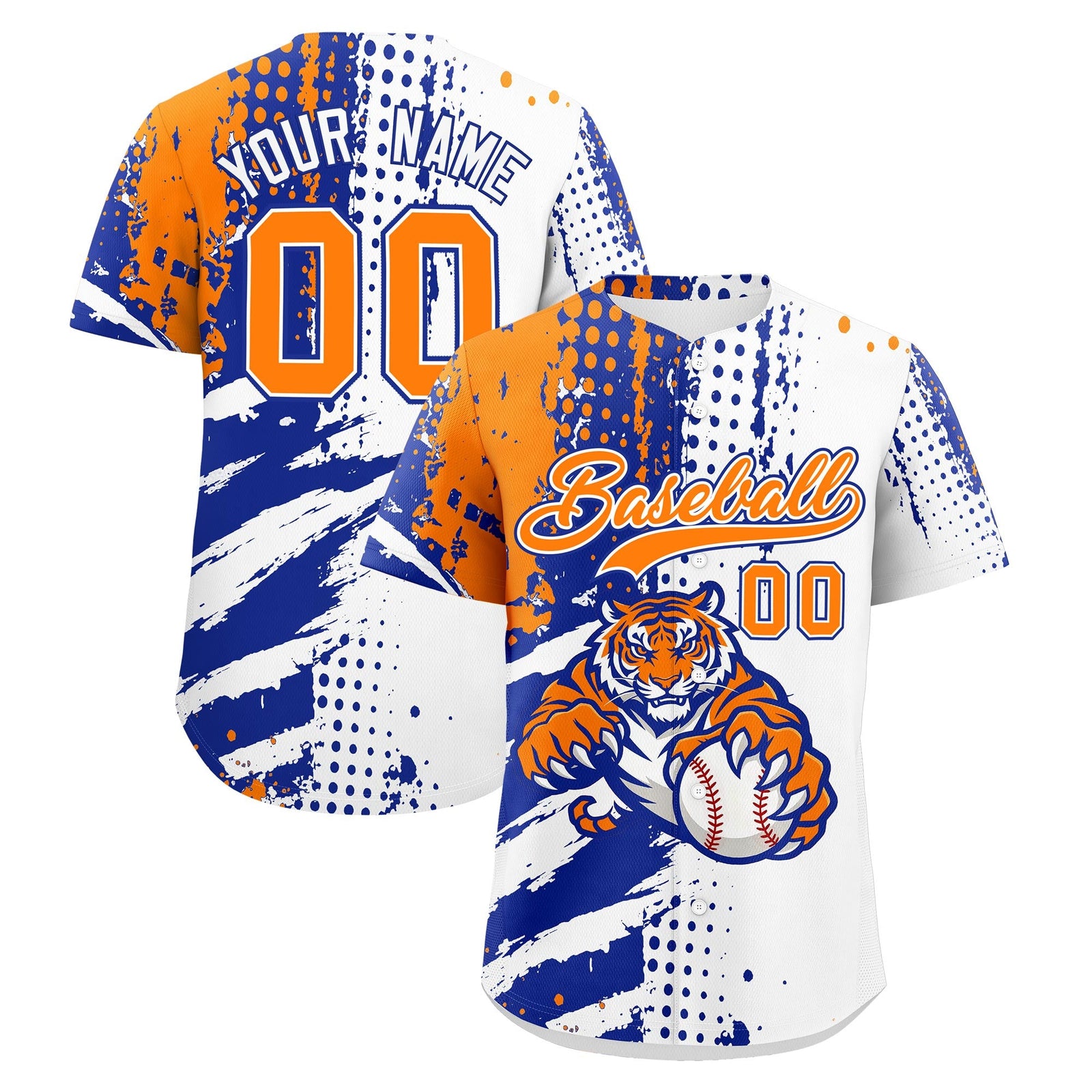 Custom White Royal Blue Orange Baseball Jersey Full-Snap Graffiti Pattern Tiger Graffiti Jersey