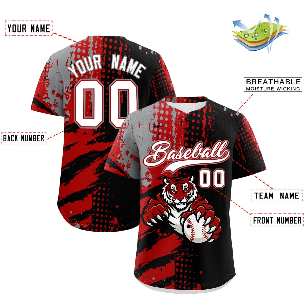 Custom Royal Blue White Red Full-Snap Graffiti Pattern Tiger Graffiti Jersey Baseball Jersey| KXKSHOP