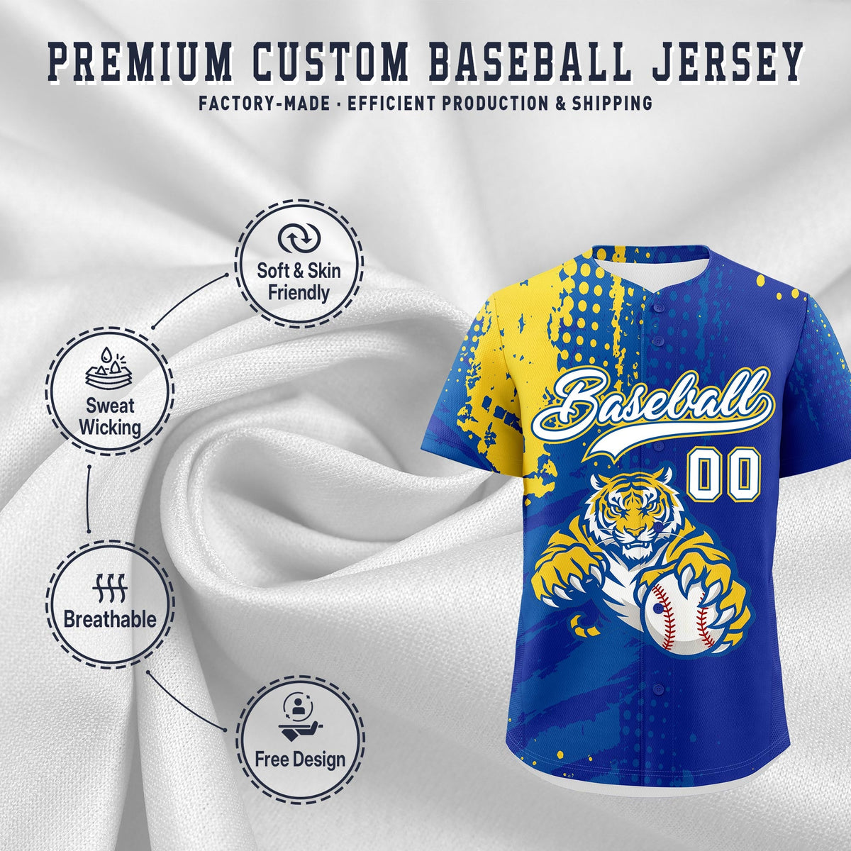 Custom Royal Blue Royal Gold Full-Snap Graffiti Pattern Tiger Graffiti Jersey Baseball Jersey| KXKSHOP