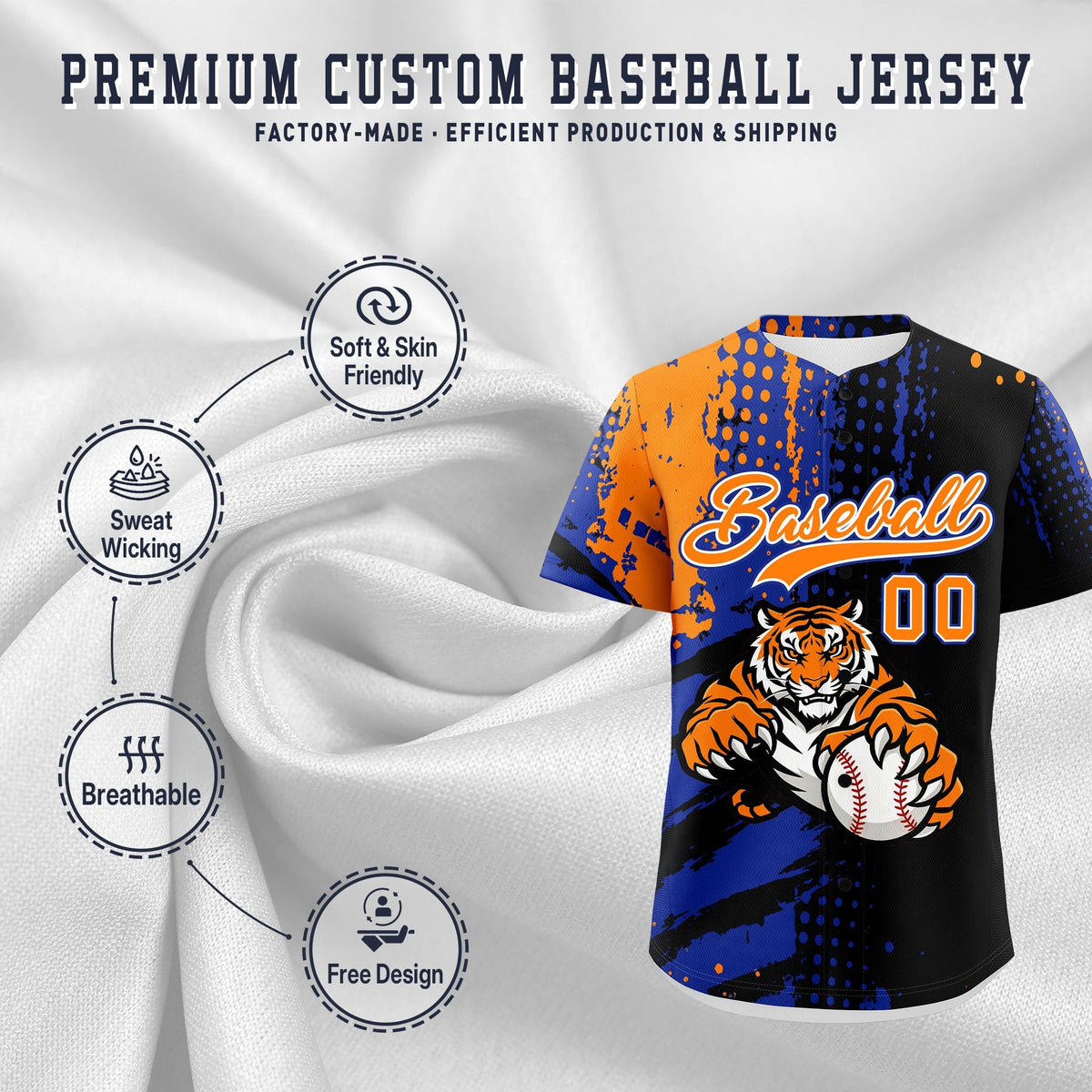 Custom Black Royal Blue Orange Full-Snap Graffiti Pattern Tiger Graffiti Jersey Baseball Jersey| KXKSHOP