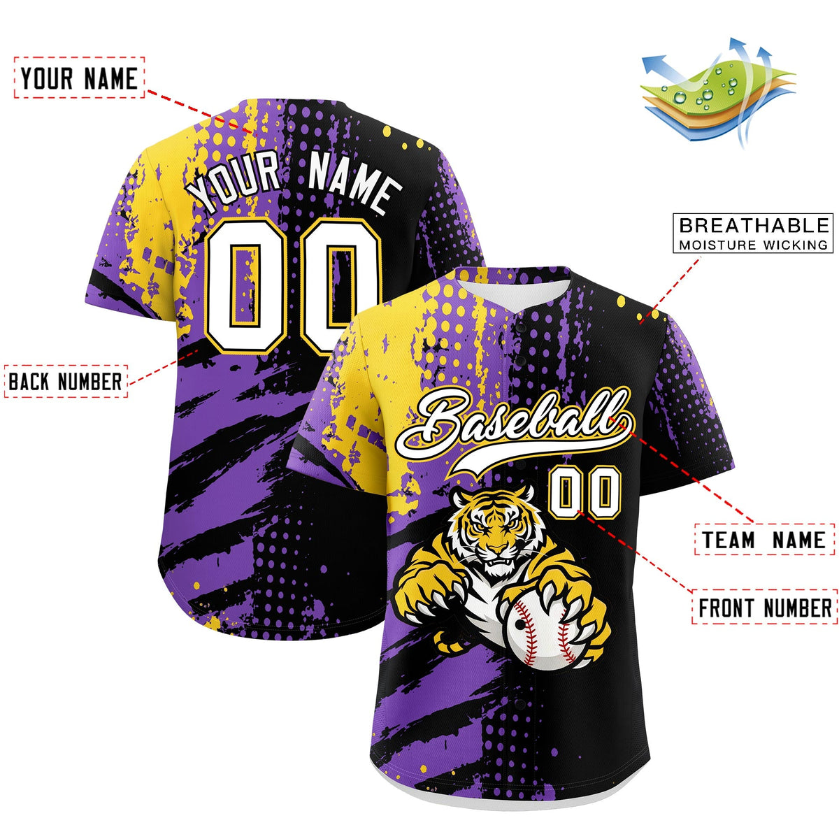 Custom Royal Blue White Red Full-Snap Graffiti Pattern Tiger Graffiti Jersey Baseball Jersey| KXKSHOP