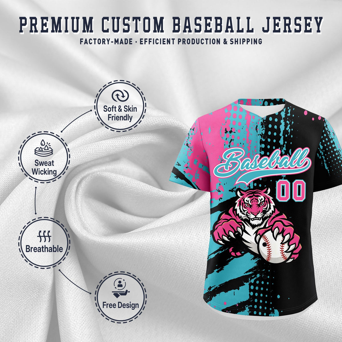 Custom Black Aqua Pink Full-Snap Graffiti Pattern Tiger Graffiti Jersey Baseball Jersey| KXKSHOP