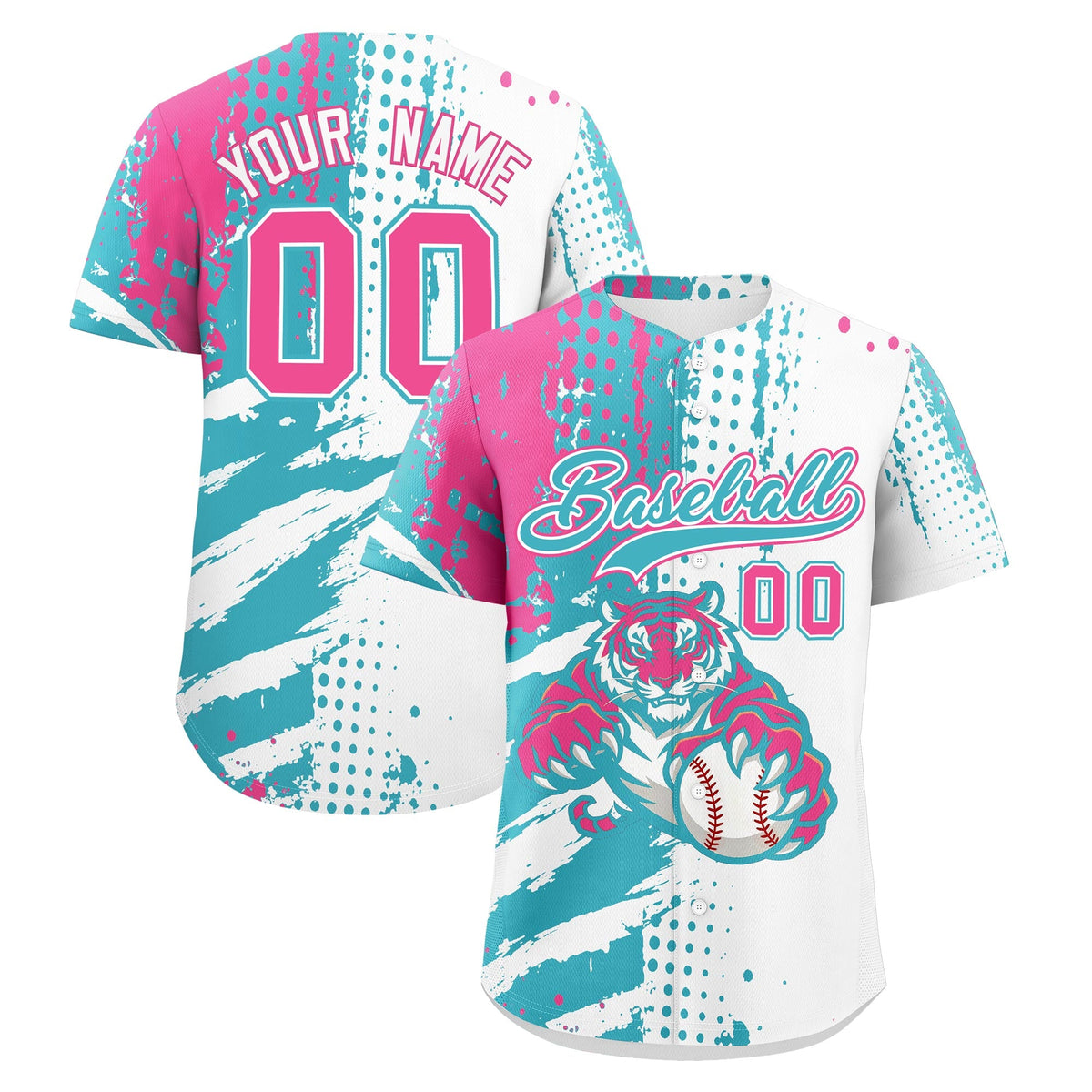Custom White Aqua Pink Baseball Jersey Full-Snap Graffiti Pattern Tiger Graffiti Jersey