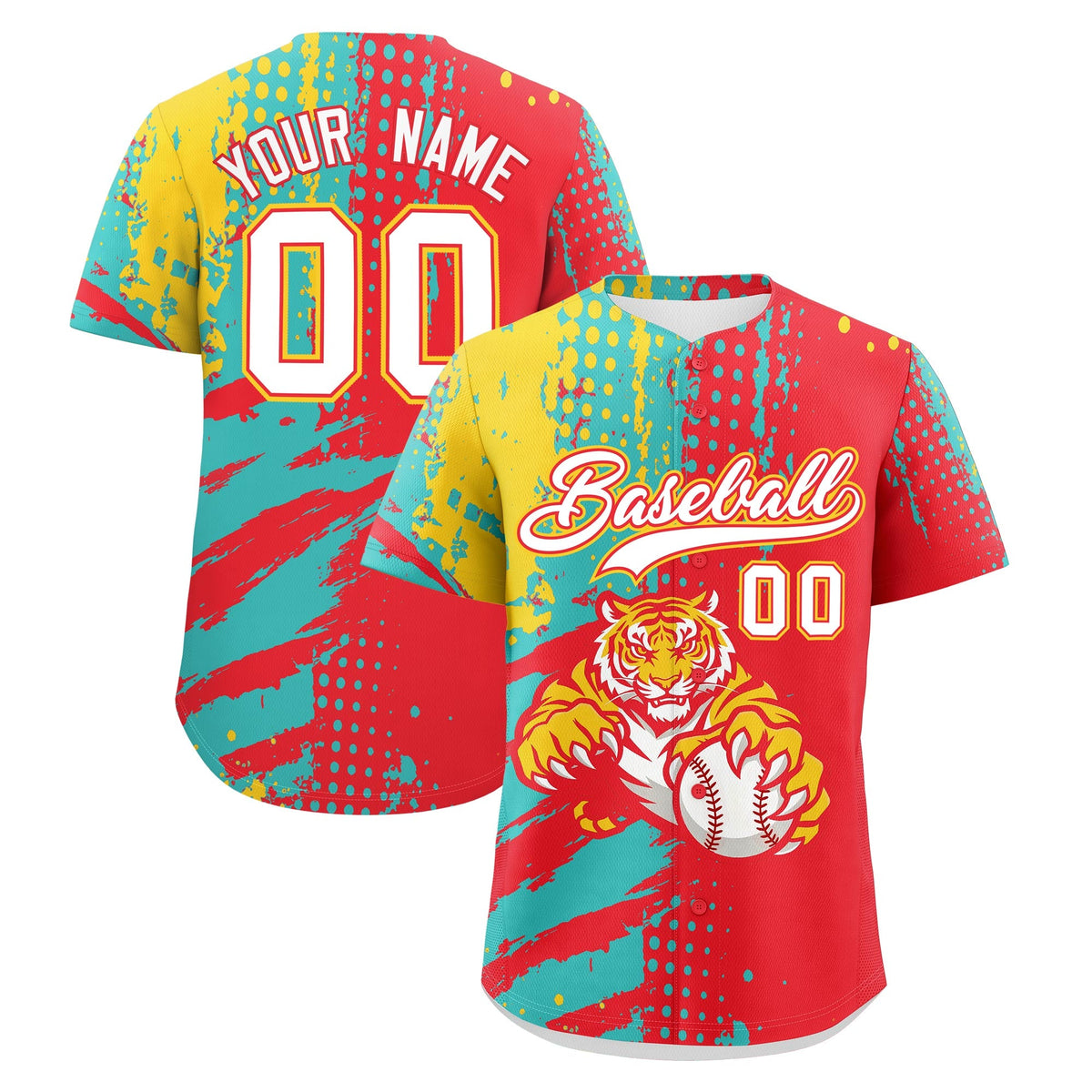 Custom Light Red Teal Gold Baseball Jersey Full-Snap Graffiti Pattern Tiger Graffiti Jersey